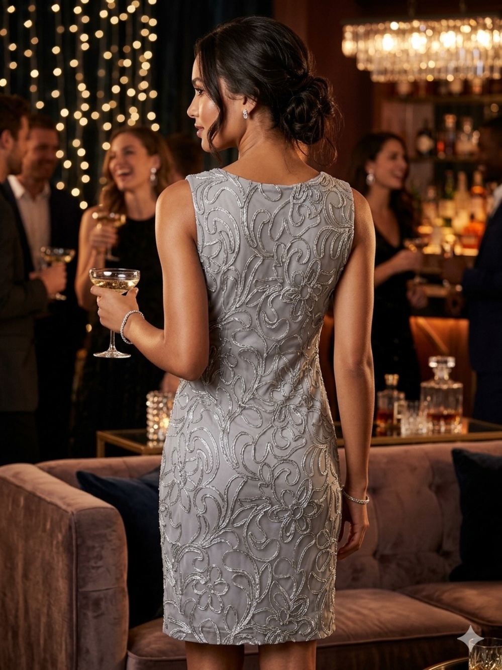 Jessica Howard Silver Sequin Lace Metallic Cocktail Sheath Dress Size 6 - Picture 2 of 7